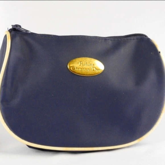 Dior cosmetic vintage Pouch navy blue and tan small nylon material - Picture 1 of 3